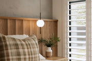Bedroom with wooden headboard, plaid pillow, and small plant on nightstand.